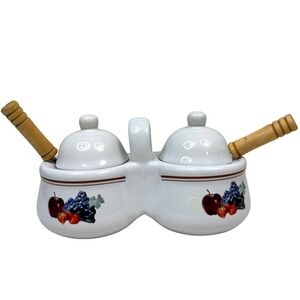 VTG Houston Harvest Ceramic Double Jelly Jam Condiment Jar Lid and Spoons 6.5 in